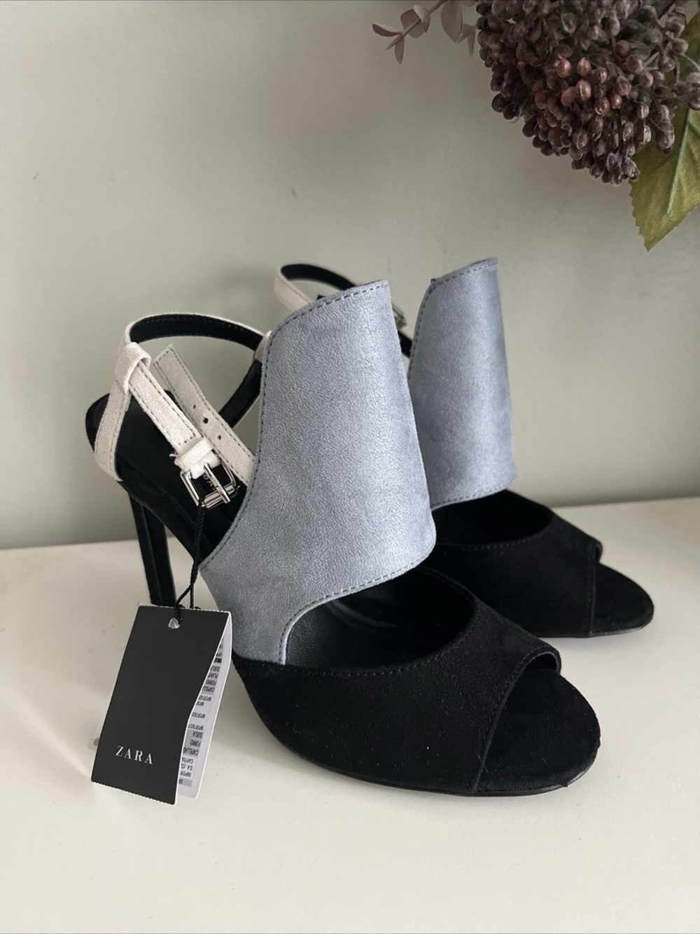 Zara Black, Silver and Cream Open-Toe Slingback Heels